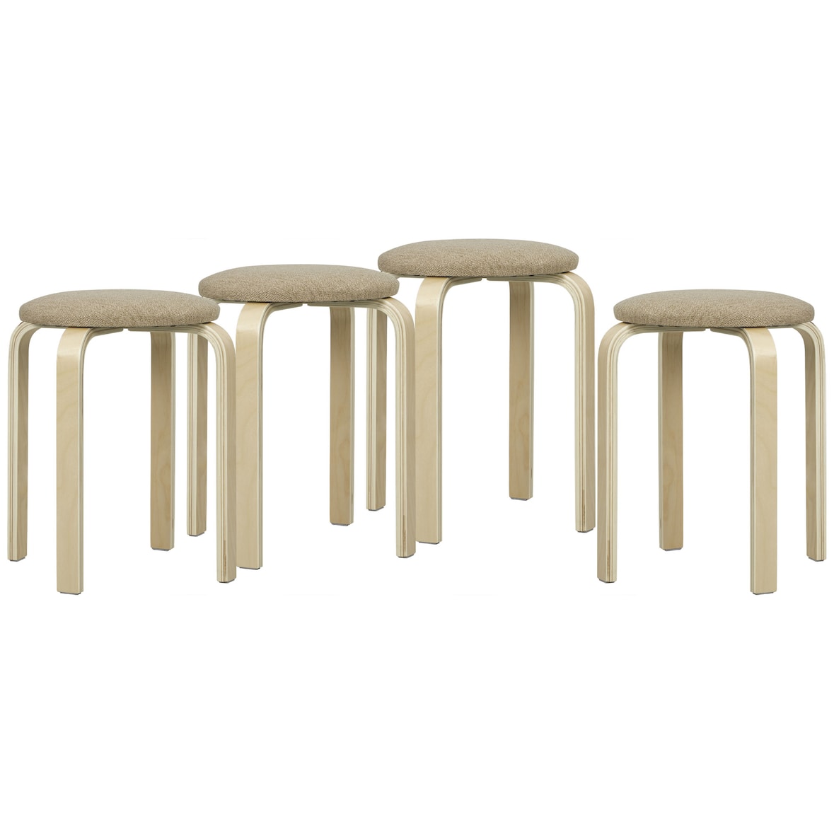HOMCOM juego de 4 taburetes apilables taburetes redondos de madera con asiento acolchado para cocina comedor dormitorio oficina caqui y natural