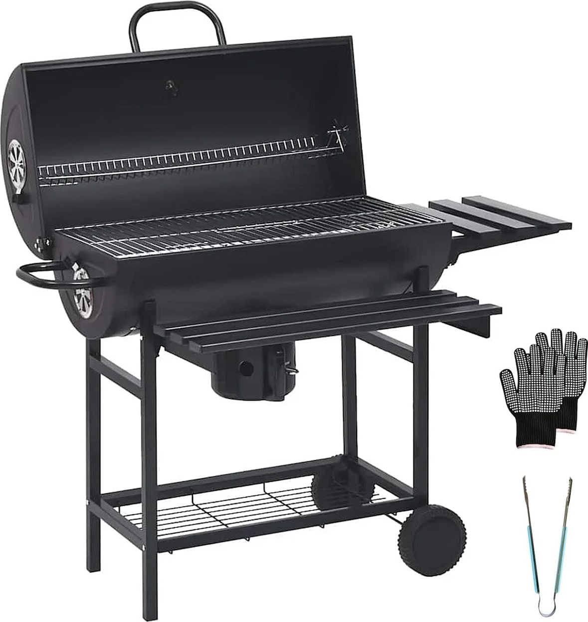Barbecue A Carbone Con Coperchio Termometro Integrato Grill BBQ In Acciaio Con Ruote Ripiani Pinza E Guanti 112 x 63.5 x 97 Cm Nero