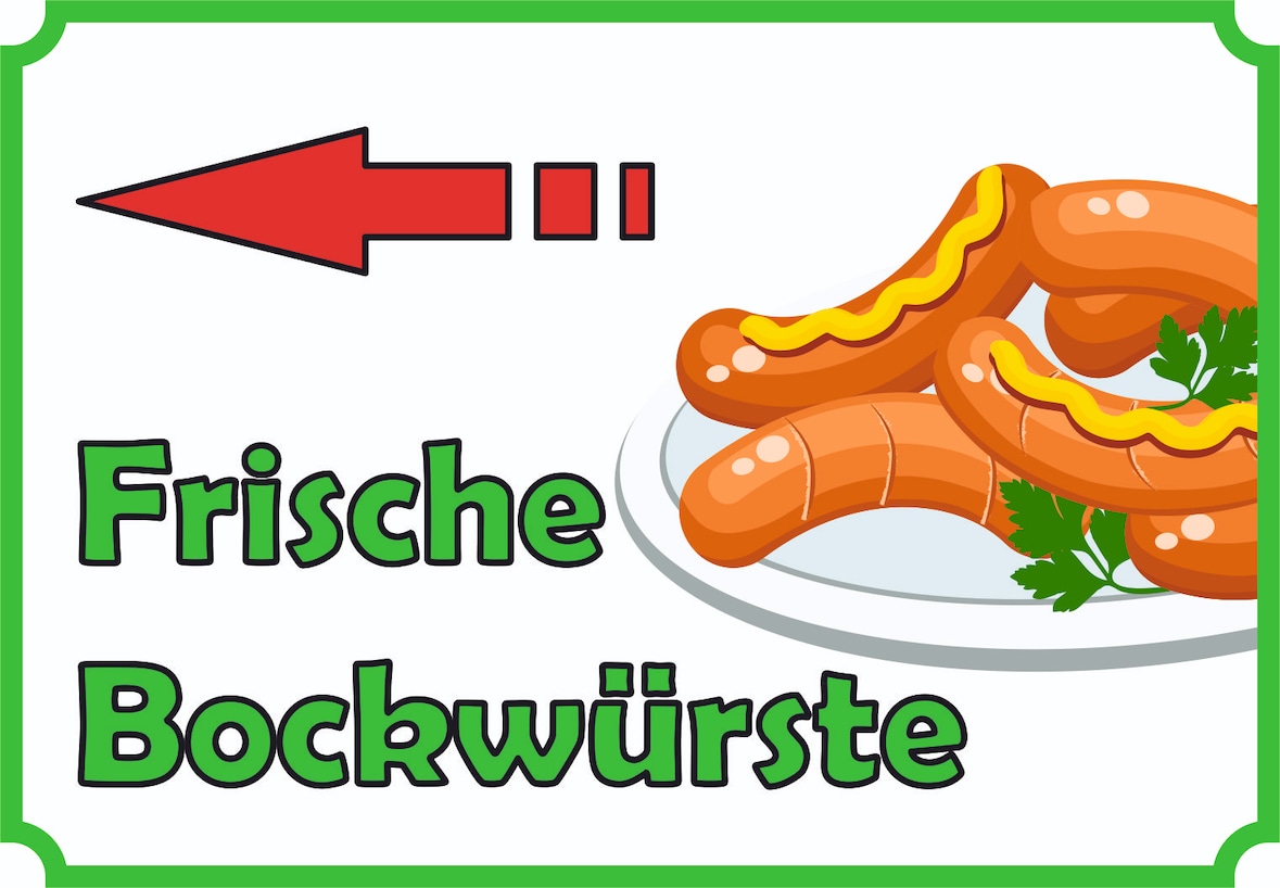 Frische Bockwürste Verkaufsschild Schild mit Pfeil nach links A0 Rückseite selbstklebend