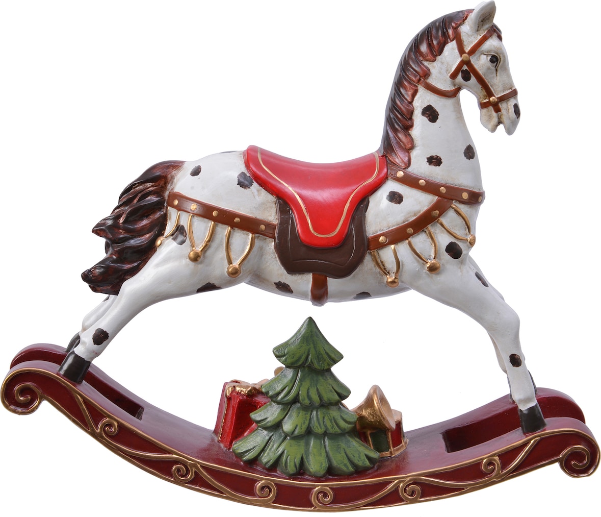 Dekofigur Schaukelpferd 18,5cm Keramik Deko Aufsteller Weihnachtsdeko Tischdeko Keramikfigur Weihnachten Figur Weiß / Braun