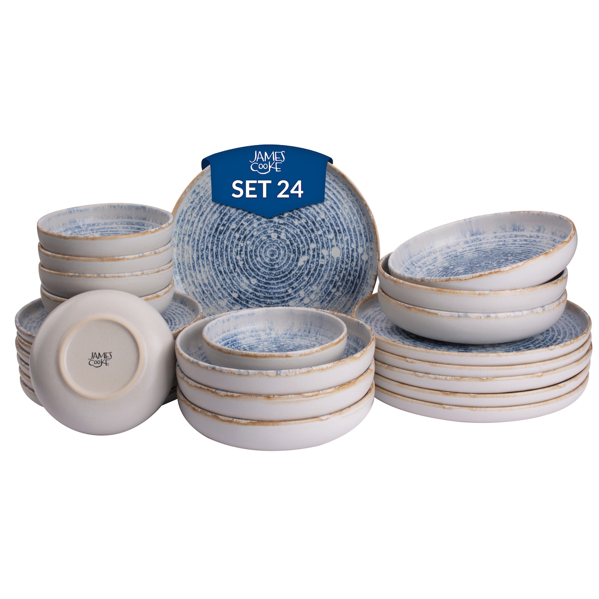 James Cooke Azur Steingut Geschirr-Set für 6 Personen – weiß blau, Relief stumpf