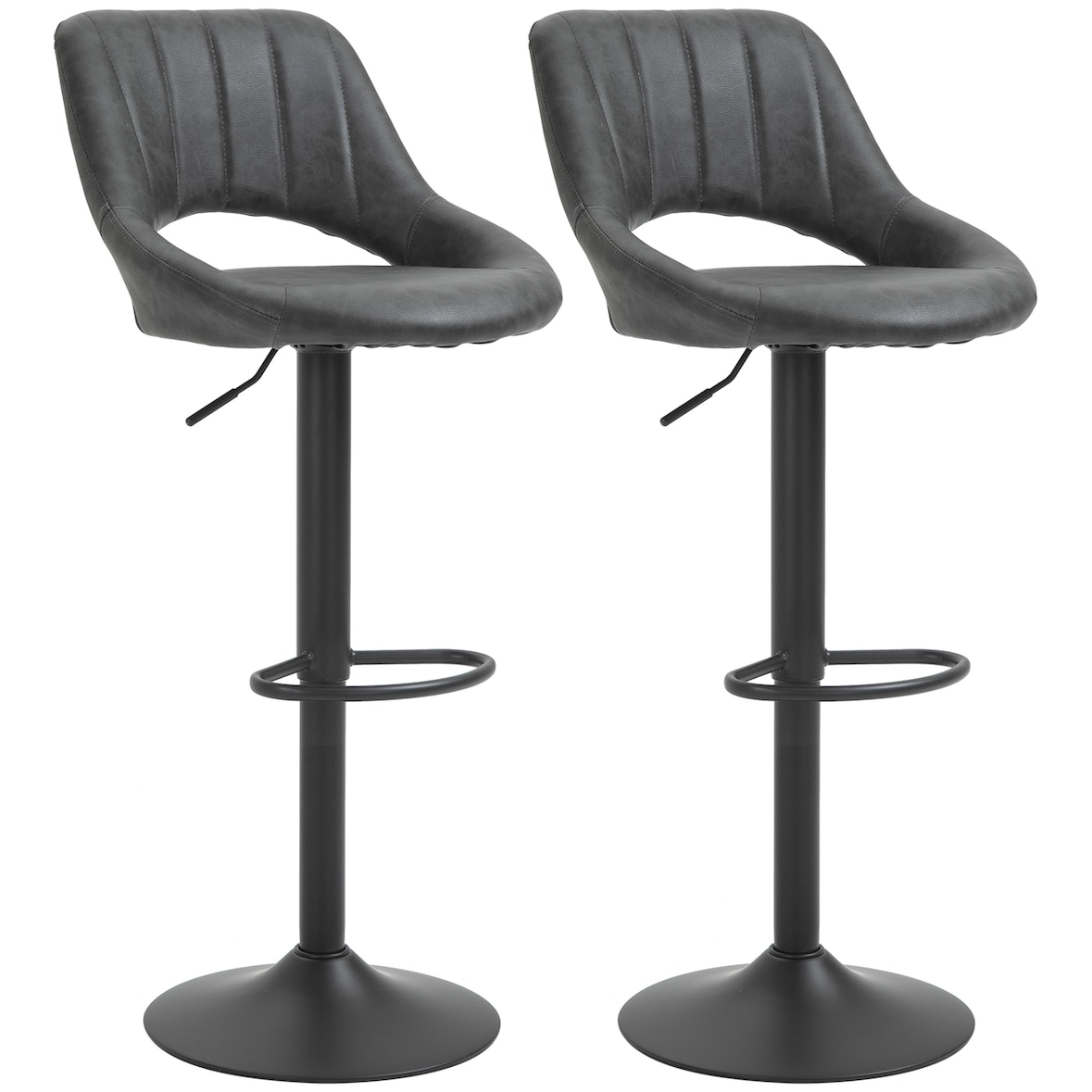 Barhocker Set 2er Kunstleder Grau 44x49x110 cm drehbar höhenverstellbar mit Rückenlehne Fußstütze und schwerem Metallfuß für Küche und Bar
