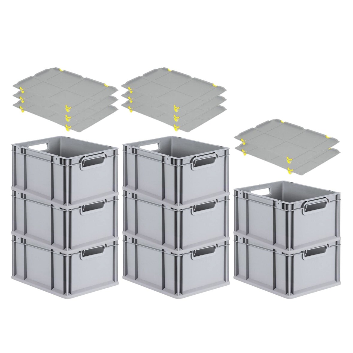 PROREGAL SuperSparSet 8x Eurobox NextGen Economy mit Auflagedeckel & 4x Verschlüsse Gelb, Griffe offen, HxBxT 22x30x40cm, 20L, Eurobehälter, Box