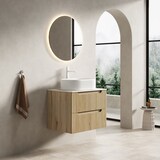 thumbnail of Badezimmer-Waschtisch 60x46x62 Ovales Keramikbecken Sintersteinplatte Schrank Sperrholz Soft-Close Schubladen Modern Weiß+Eiche