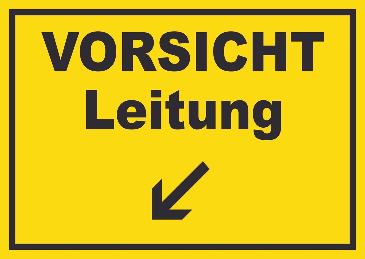 Vorsicht Leitung mit Richtungspfeil links unten Schild A1 Rückseite selbstklebend