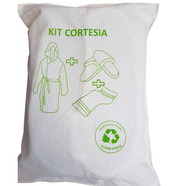 Kit cortesia bagno (accappatoio, telo e pantofole) biodegradabile e riutilizzabile, taglia s/m (1 PEZZO)