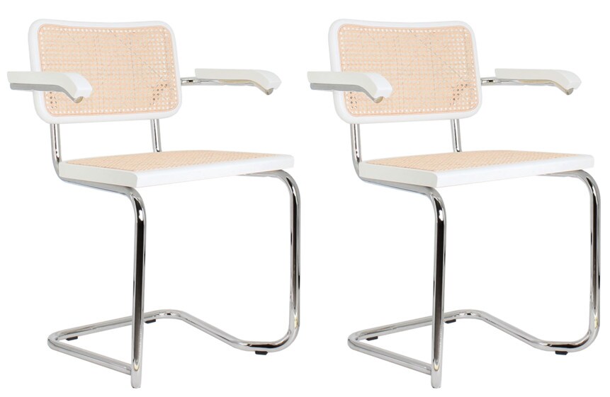 pemora 2-er Set Schwingstuhl Freischwinger Besucherstuhl Bürostuhl Besucherstuhl mit Wiener Geflecht JENA AL mit Armlehnen - weiß - fertig montiert