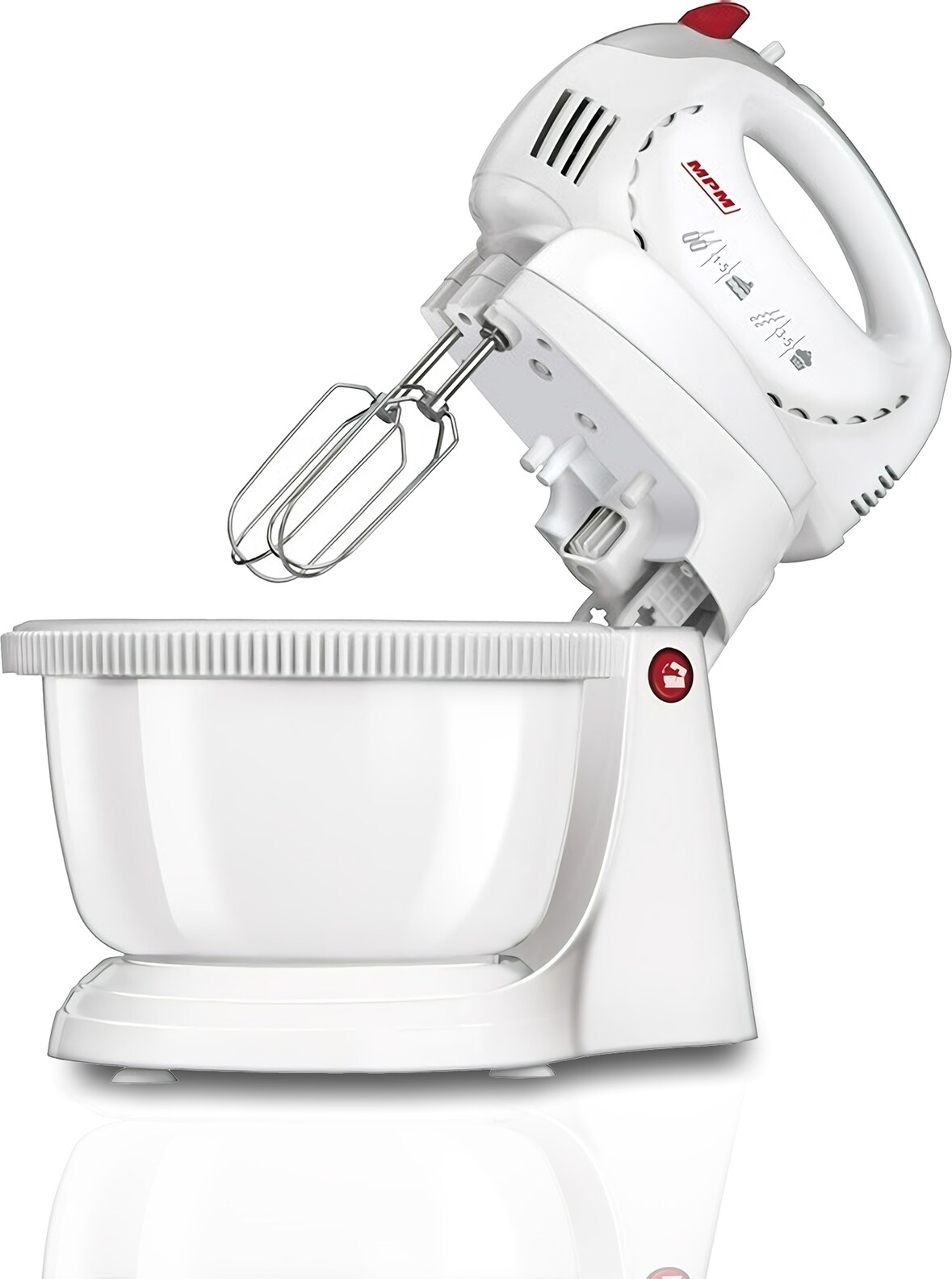 MPM MMR-17Z Batidora Amasadora Repostería Bol 2,4L 5 Velocidades+Turbo Bol Giratorio Accesorios Acero Inox. 300W Blanco