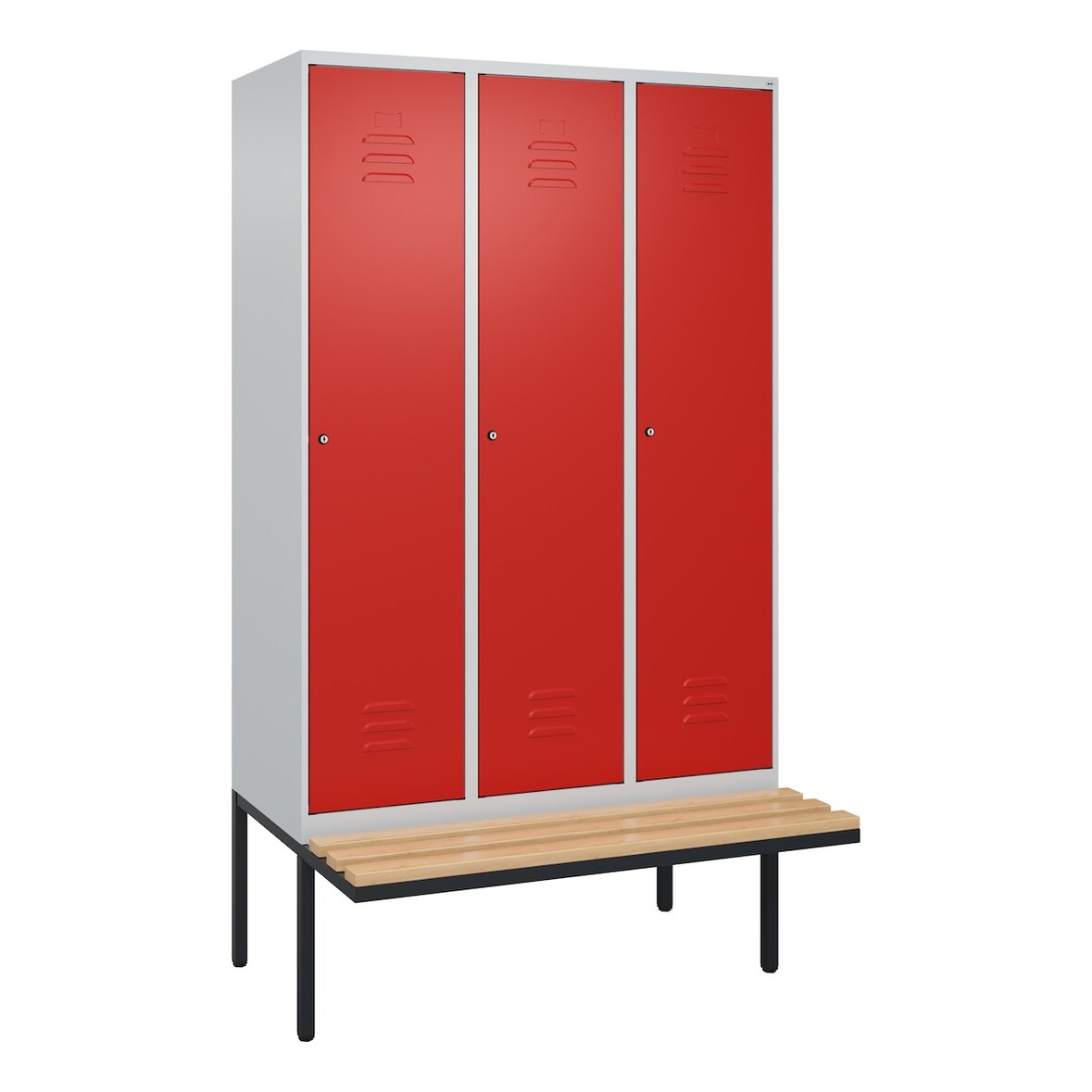 C+P Spind Classic PLUS, schwebender Sitzbank aus Buche 3 Abteile, HxBxT 212x120x82cm, Zylinderschloss, Hellgrau/Rot von PROREGAL