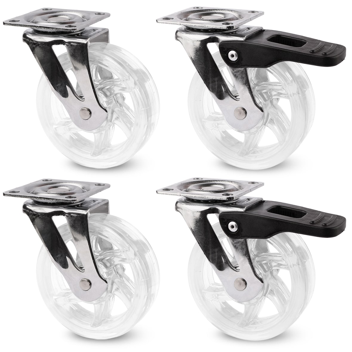 PRIOstahl Möbelrollen 2x Lenkrollen + 2x Bremsrollen Transparente Rollen 50mm