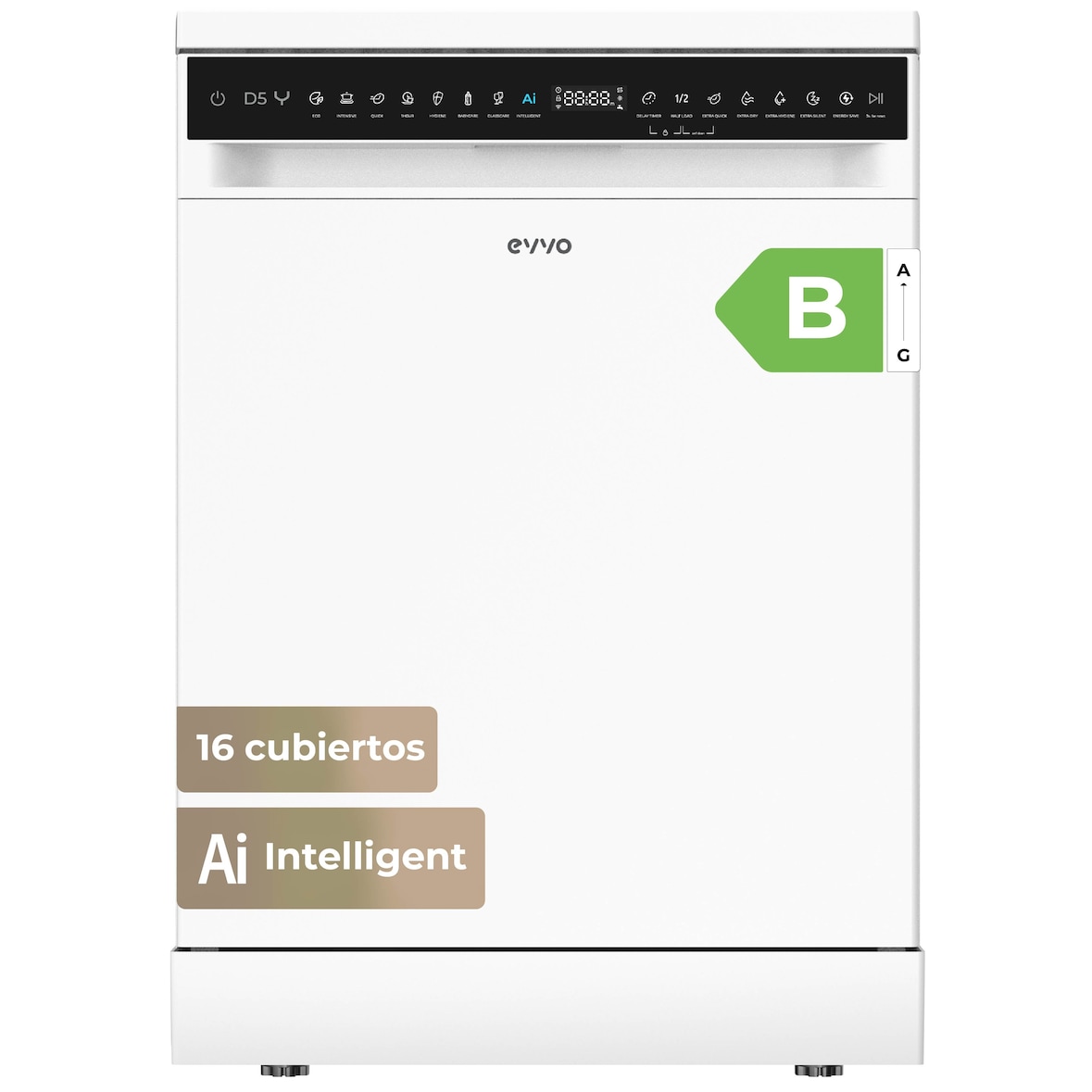 Lavavajillas EVVO D5Y, 16 cubiertos, Clase B, 45 dB, 8 programas, Libre instalación