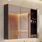 thumbnail of Armario con espejo HWC-B19b, armario de pared para cuarto de baño, 6 estantes de alto brillo con certificación FSC® 70x80x16cm ~ negro