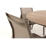 thumbnail of Set pranzo da giardino, tavolo rotondo in alluminio e SPC effetto legno, 4 sedie in textilene impilabili, per terrazza, veranda o giardino – TEO+DINA