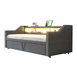thumbnail of Ausziehbett 90/180x190 cm mit LED, USB-Anschluss und Stauraum – modernes 3-in-1 Schlafsofa aus Leinenstoff Dunkelgrau