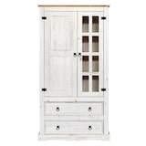 thumbnail of Möbilia Vitrine | 2 Türen, 2 Schubladen | Kiefer-Holz massiv | B 100 x T 41 x H 190 cm | weiß lackiert, honigfarbend | 19020044 | Serie VITRINE