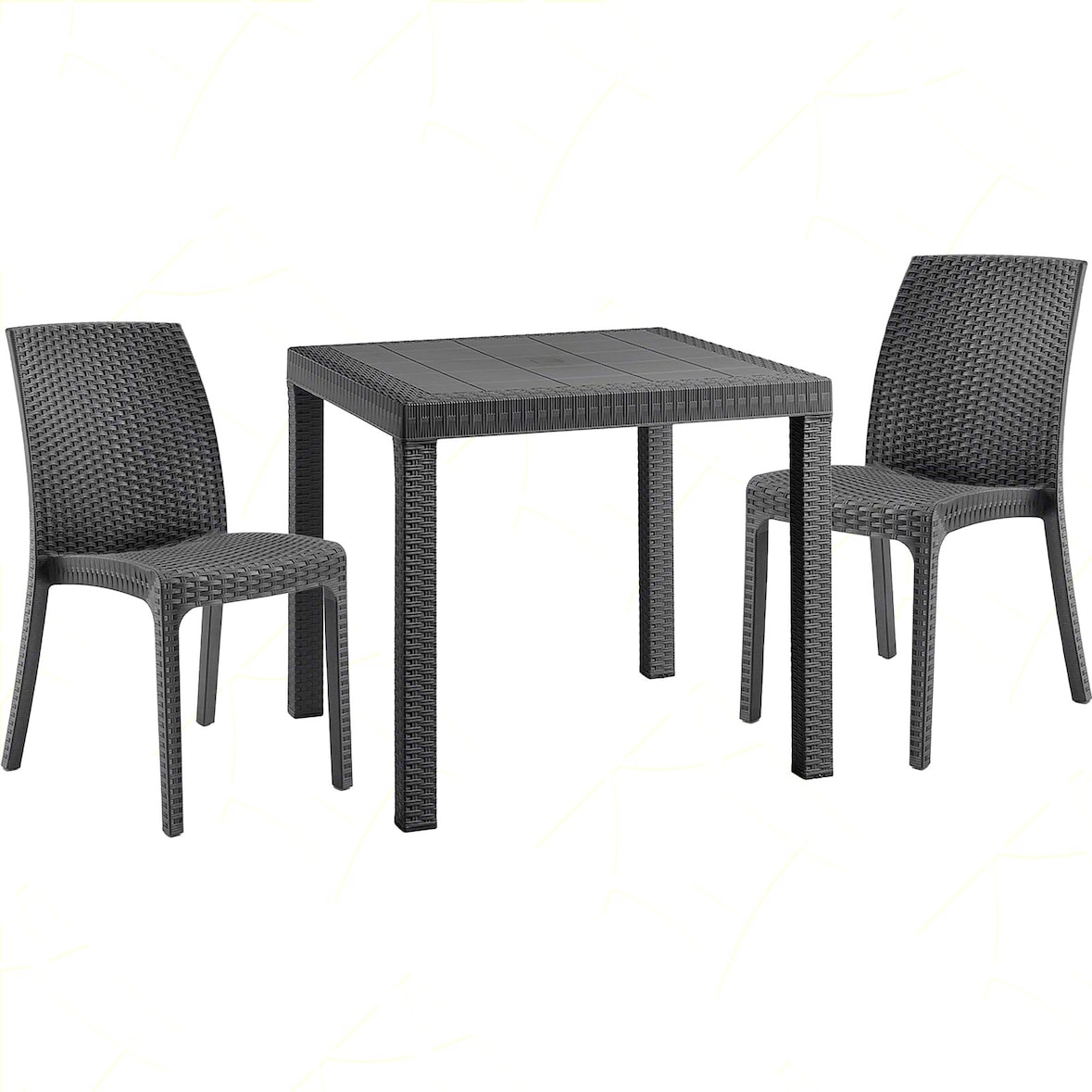 Set 2 sedie con tavolo quadrato rattan antracite, impilabile, resistente agli uv, arredo interno esterno bar pub giardino terrazzo, made in italy