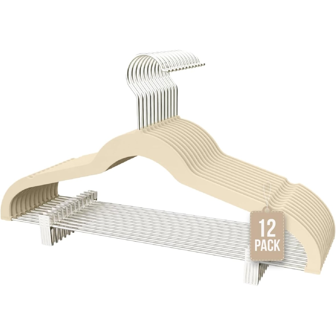 Percha Terciopelo con Pinzas | Color Beige | Antideslizantes y Resistentes | Perchas para Ropa | 24 Unidades