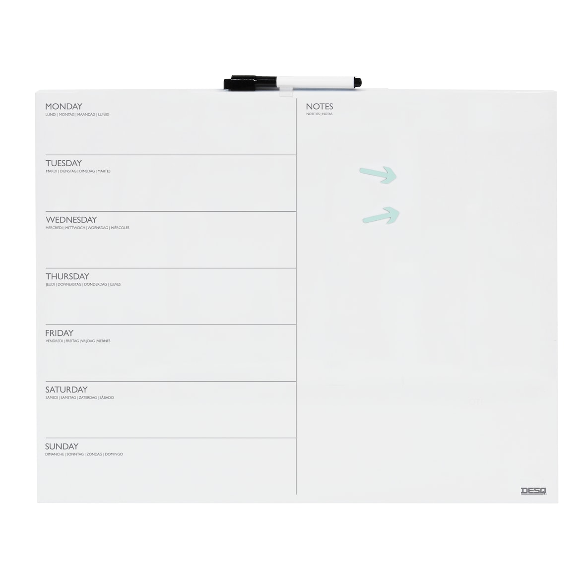DESQ | Weekplanner - Whiteboard 40 x 50 cm | Verticale indeling + Notities | Magnetisch
