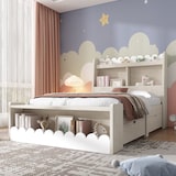 thumbnail of Massivholz Bett 90x200 mit Stauraum Schubladen Regal Sitzbank Ablage MDF Lattenrost stabiles Design platzsparend Weiß Eichefarben