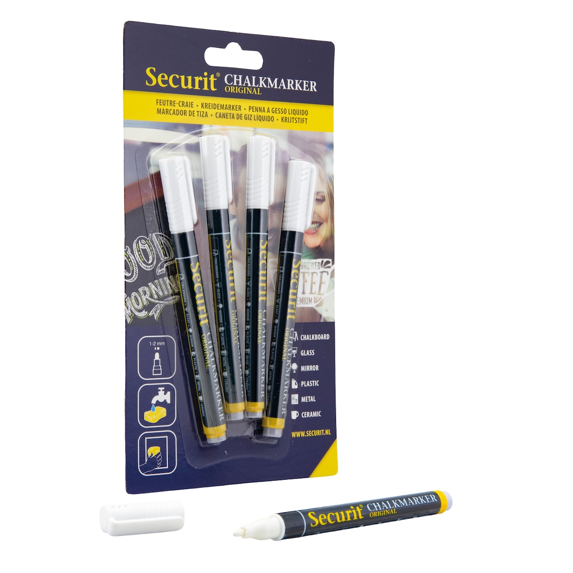 Securit® Pack de 4 rotuladores de tiza líquida - Blanco - Punta redonda 1-2mm
