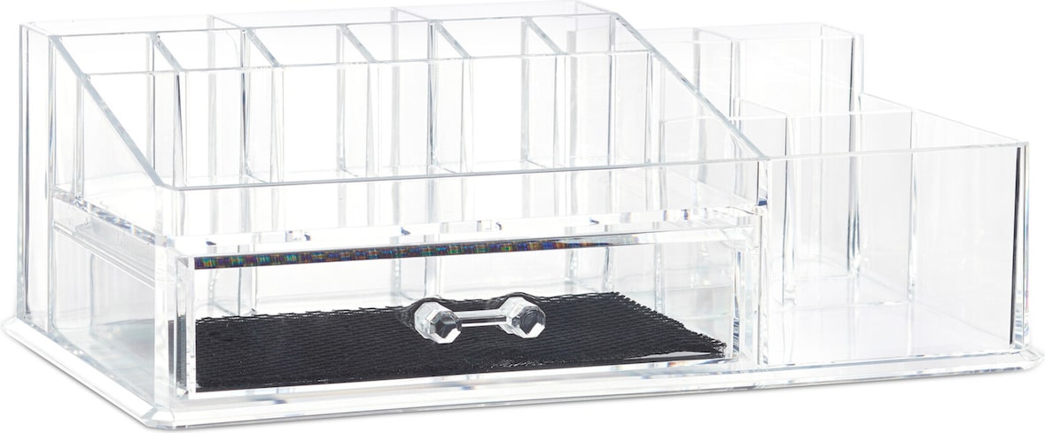Relaxdays Make Up Organizer mit Schublade, Kosmetik Aufbewahrung für Schminke & Schmuck, Lippenstifthalter, transparent