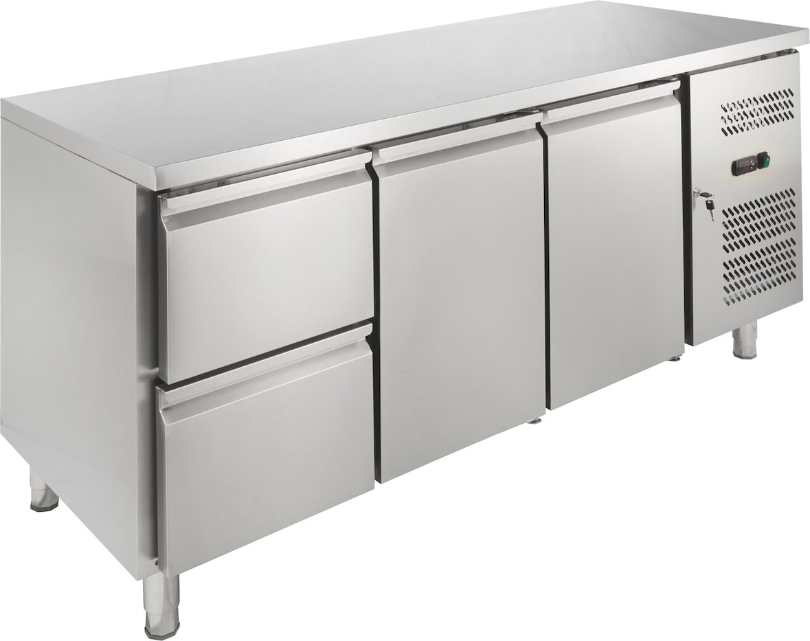 GastroHero Kühltisch Edelstahl GN 1/1 2 Türen 2 Schubladen Umluftkühlung -2 °C bis +8 °C 230 V Profi Gastronomie 1800x700x850 mm