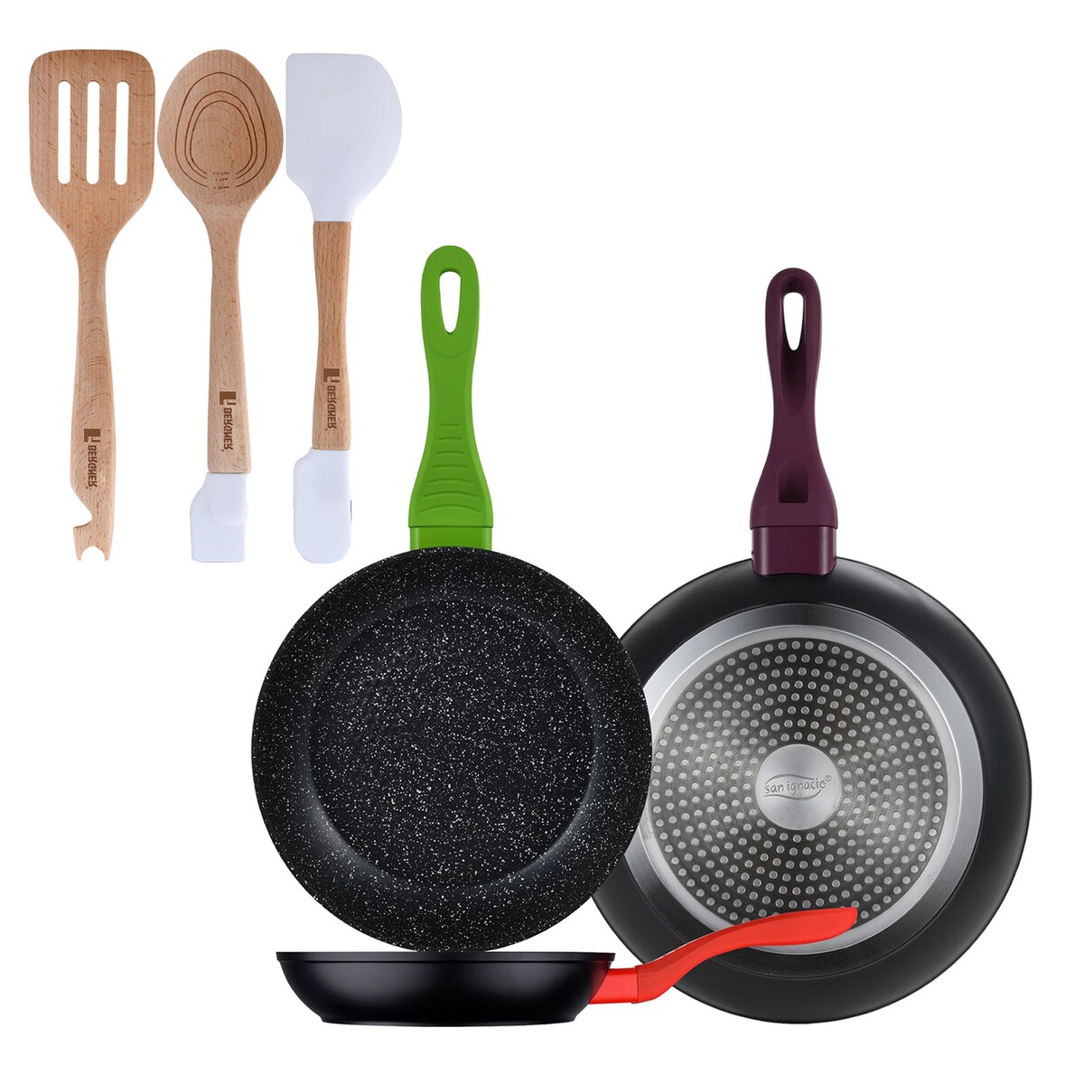 BERGNER - Juego de 3 Sartenes Jolie Ø20/Ø24/Ø28 cm en Color Negro con Set 3 utensilios en silicona y madera