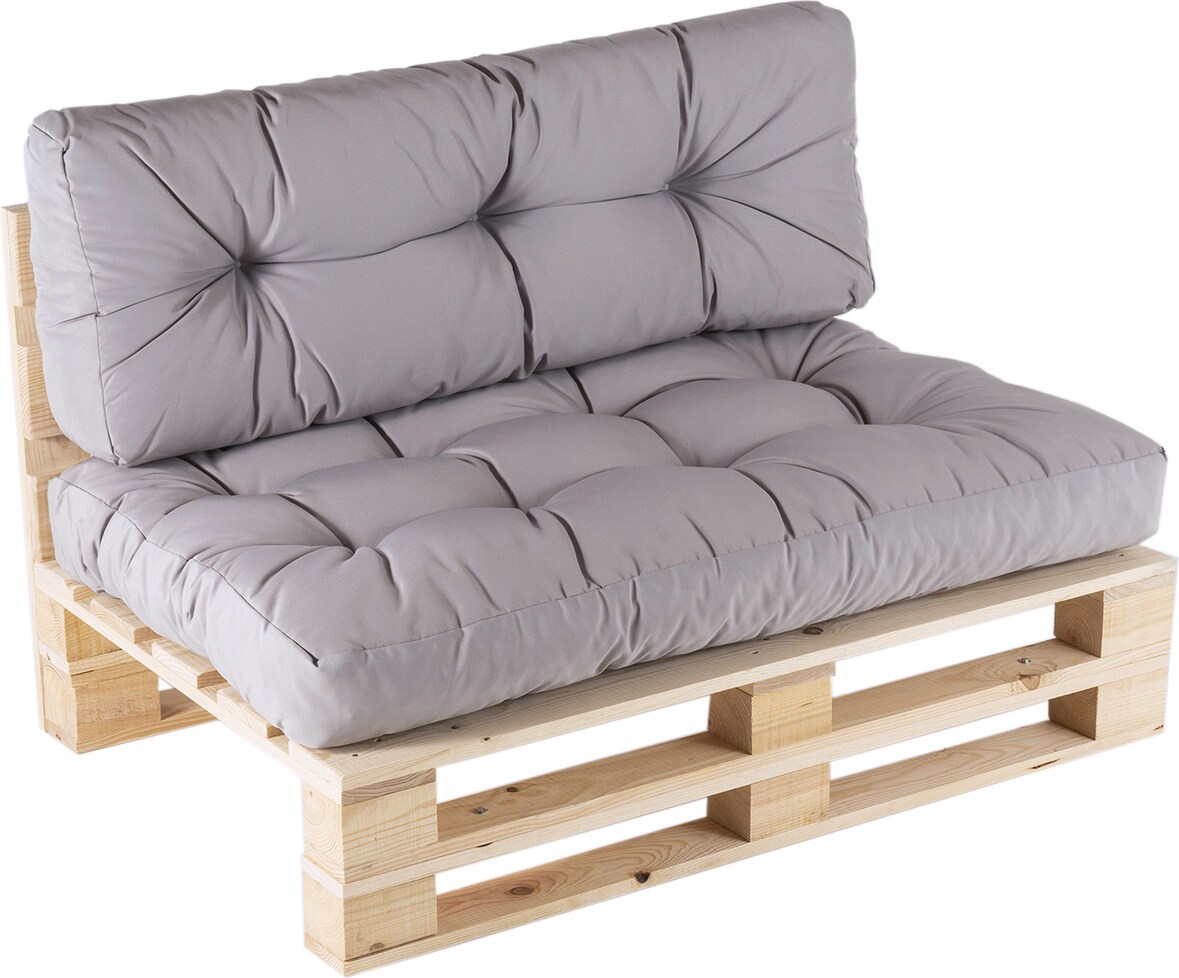 Sofá de palet + cojín de asiento 80x120x16 cm + cojín respaldo 42x120x16 cm, Color piedra, Repelente al agua