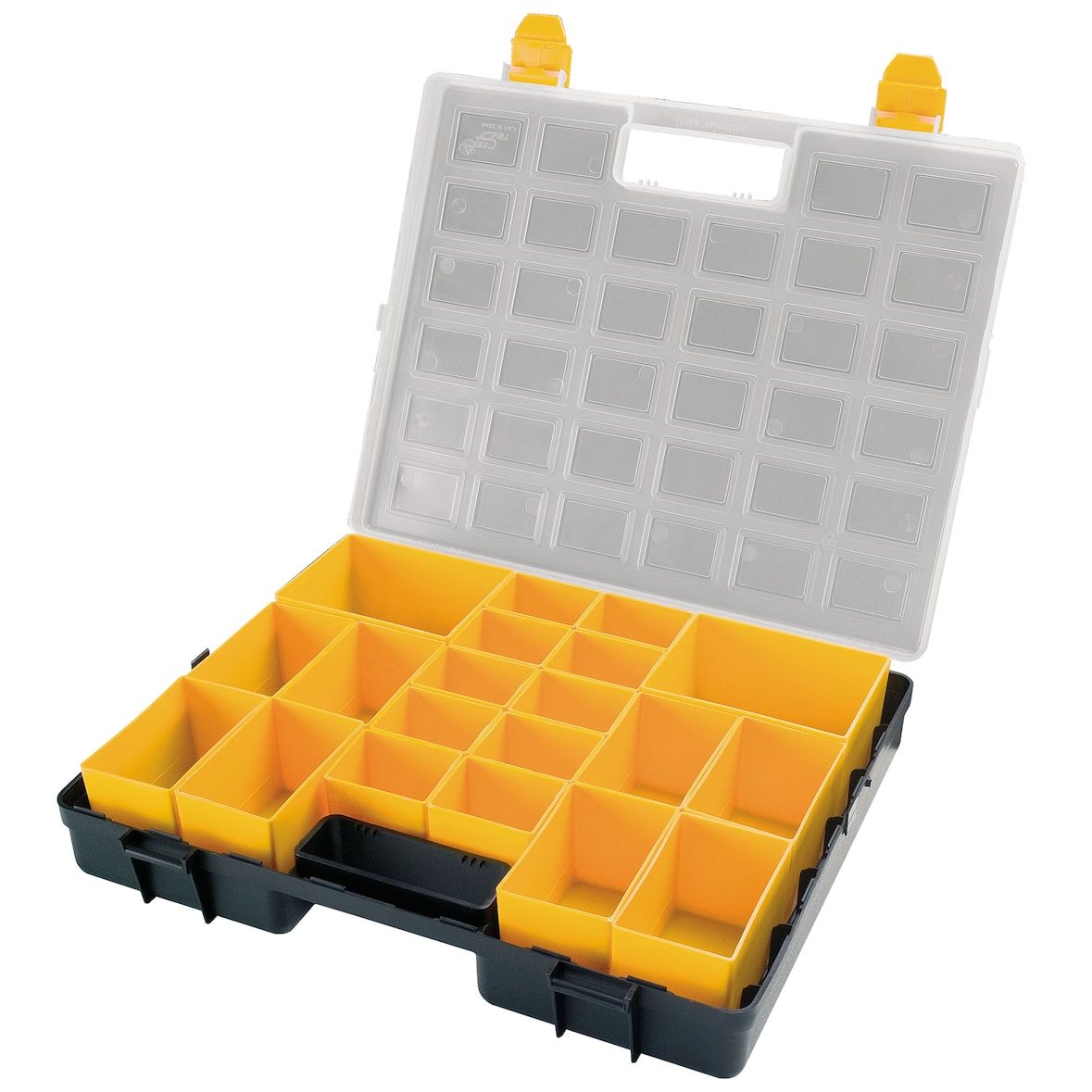 Organizador de plástico L372 x P314 x H70 mm con 2 cajas grandes extraíbles en el interior + 8 medianas + 10 pequeñas, tapa transparente