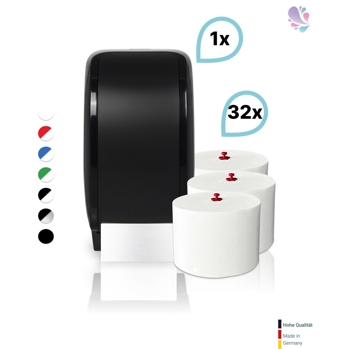 SET: 1x Toilettenpapierspender Doppelrollen Blanc Cosmos + 32 Toilettenpapierrollen Long Life 3L - PRODUKTSET