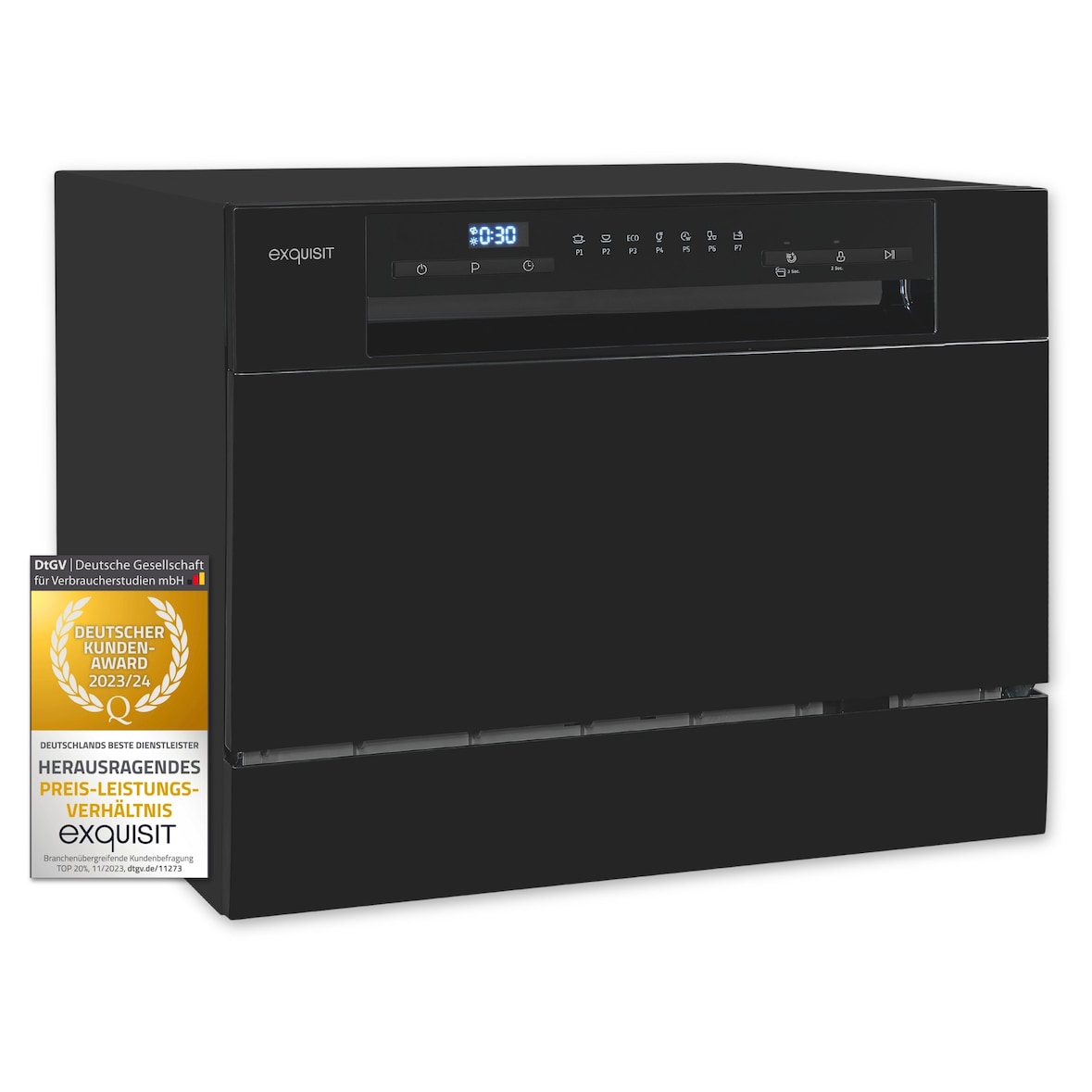 Exquisit Geschirrspüler GSP206-030D schwarz | Spülmaschine 55 cm | Maßgedecke: 6 Restlaufzeiten Anzeige | Standgerät