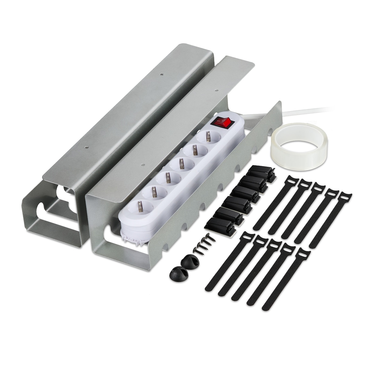 Relaxdays Kabelkanal Schreibtisch, 2er Set, Kabelmanagement, HBT: 10 x 43 x 10 cm, Zubehör zum Fixieren, silber