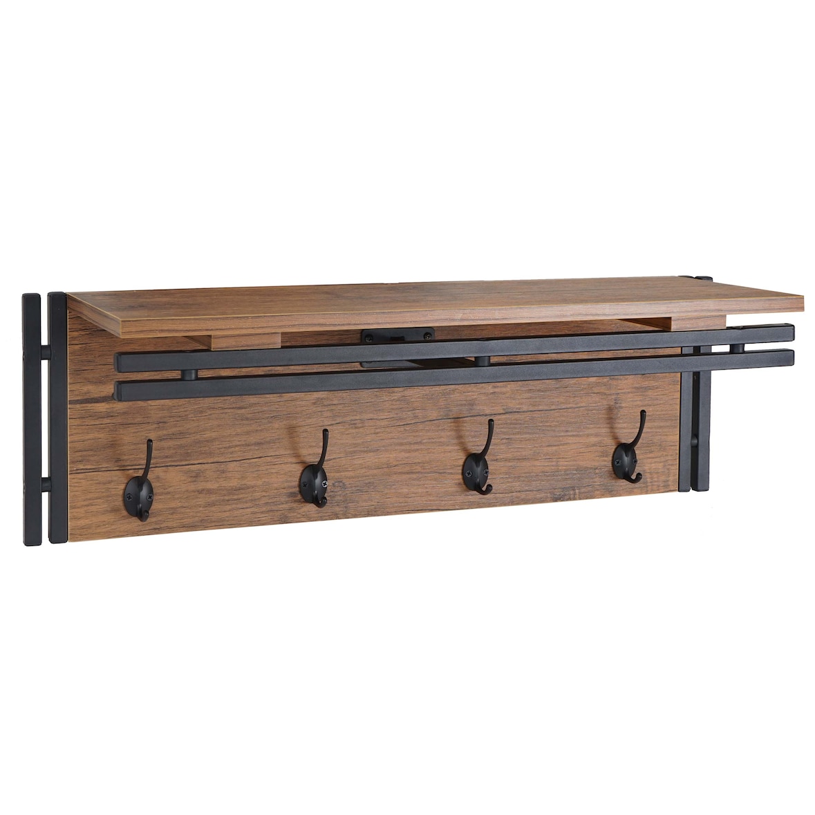 Perchero de pared HWC-A27, estante perchero, 4 ganchos 24x75x24cm Estructura 3D ~ Aspecto roble salvaje