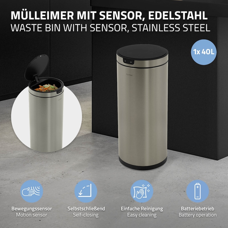 ML-Design Mülleimer mit Bewegungssensor 40 L rund Edelstahl Silber – Automatischer Abfalleimer mit Deckelöffnung per Sensor, Müllbehälter mit