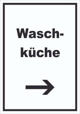 thumbnail of Waschküche Schild mit Text und Richtungspfeil rechts Waschraum hochkant A4 Rückseite selbstklebend