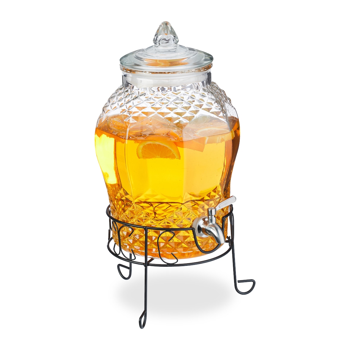 Relaxdays Getränkespender mit Ständer, Limobehälter 8L, Edelstahl Zapfhahn & Deckel, Wasserspender, Glas, transparent