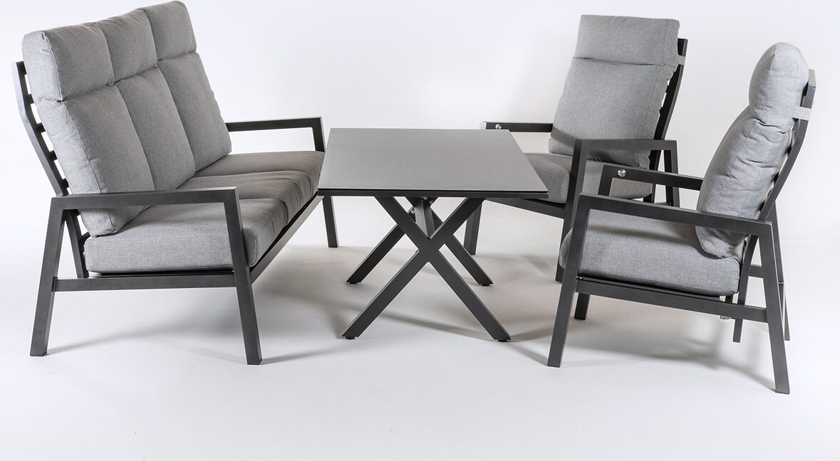 Conjunto sofás exterior, Aluminio reforzado color antracita, Sofá 3 plazas + 2 sillones reclinables + Mesita café, 5 plazas, Cojines color gris