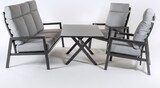 thumbnail of Conjunto sofás exterior, Aluminio reforzado color antracita, Sofá 3 plazas + 2 sillones reclinables + Mesita café, 5 plazas, Cojines color gris