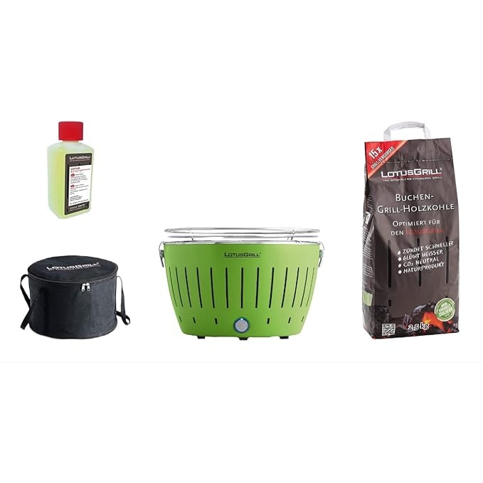 LotusGrill - Special Bundle BBQ Classic Verde (cm 35) con 2,5 Kg Carbonella e Gel Combustibile