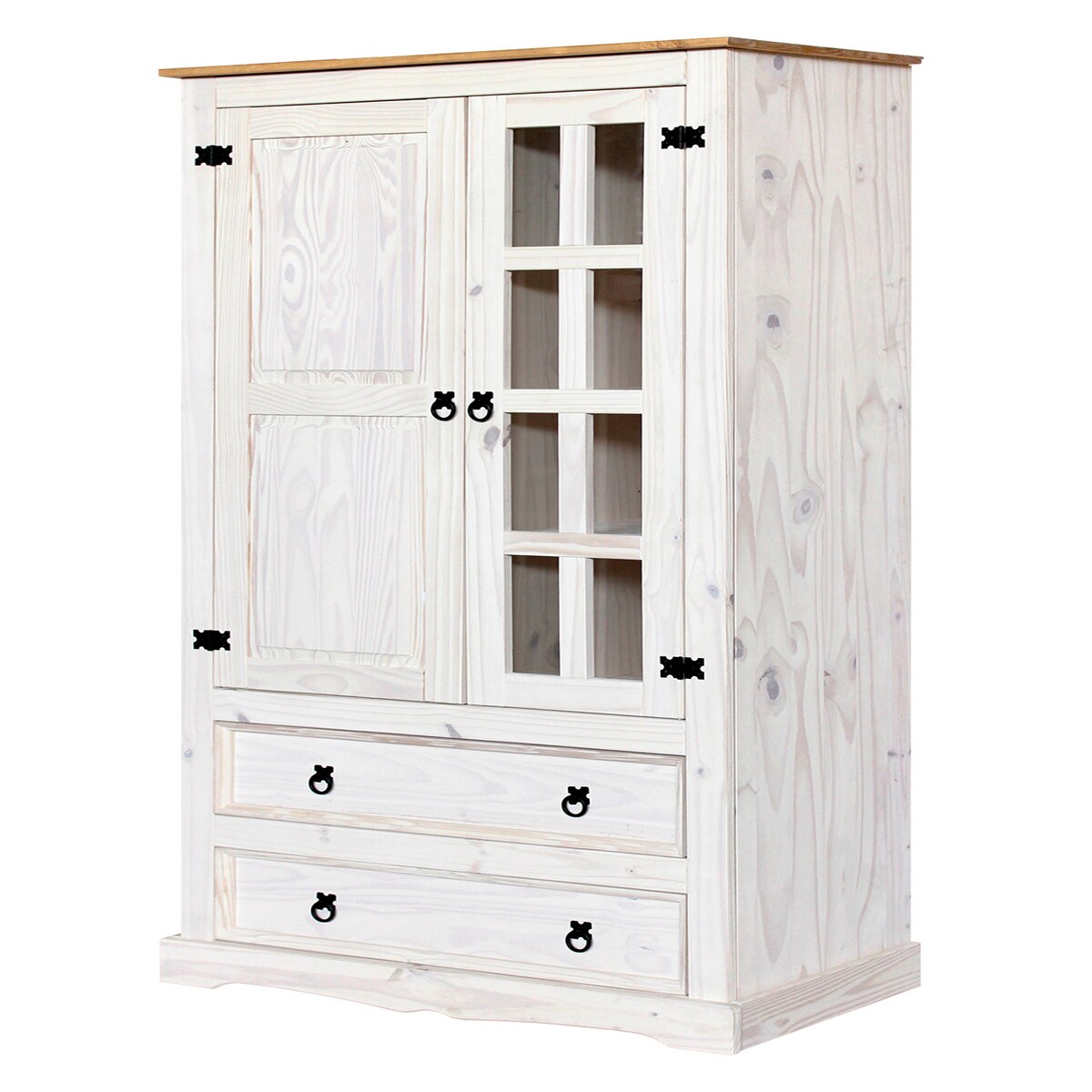 Möbilia Vitrine | 2 Türen, 2 Schubladen | Kiefer-Holz massiv | B 100 x T 41 x H 190 cm | weiß lackiert, honigfarbend | 19020044 | Serie VITRINE