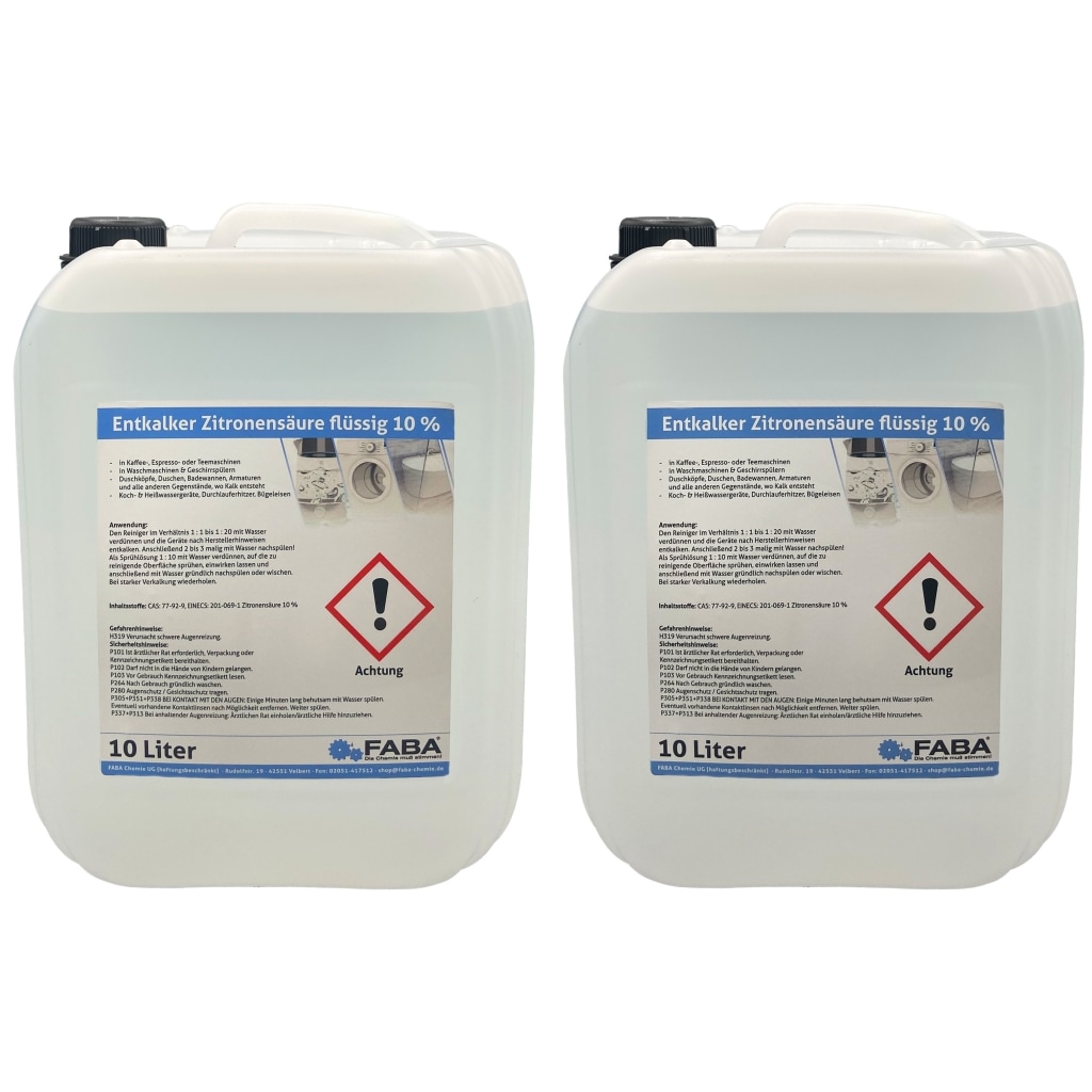 Entkalker flüssig, vielseitig anwendbar, Kaffeevollautomat, Zitronensäure 10% , 2 x 10 Liter