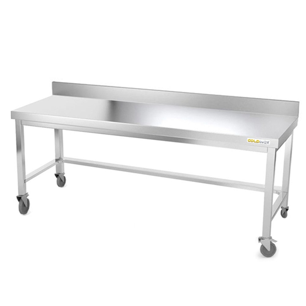 Piano di lavoro in acciaio inox da 1800 x 800 mm con base e rinforzo su ruote PREMIUM / GOLDINOX. GOLDINOX
