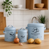 thumbnail of Relaxdays Kartoffel Aufbewahrungsbox, Zwiebeln, Knoblauch, 3er Set, mit Deckel & Löchern, Metall, Zwiebeltopf, hellblau