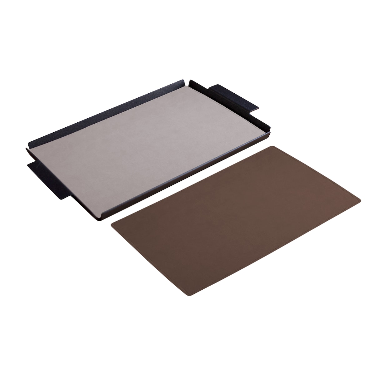 Stil Casa, Set mit 6 Serviertabletts, schwarz lackiertes Aluminium, Deckel aus genähtem, laminiertem Polyurethan, 35x45xh. 0,2 cm, Farbe braun/rosa.