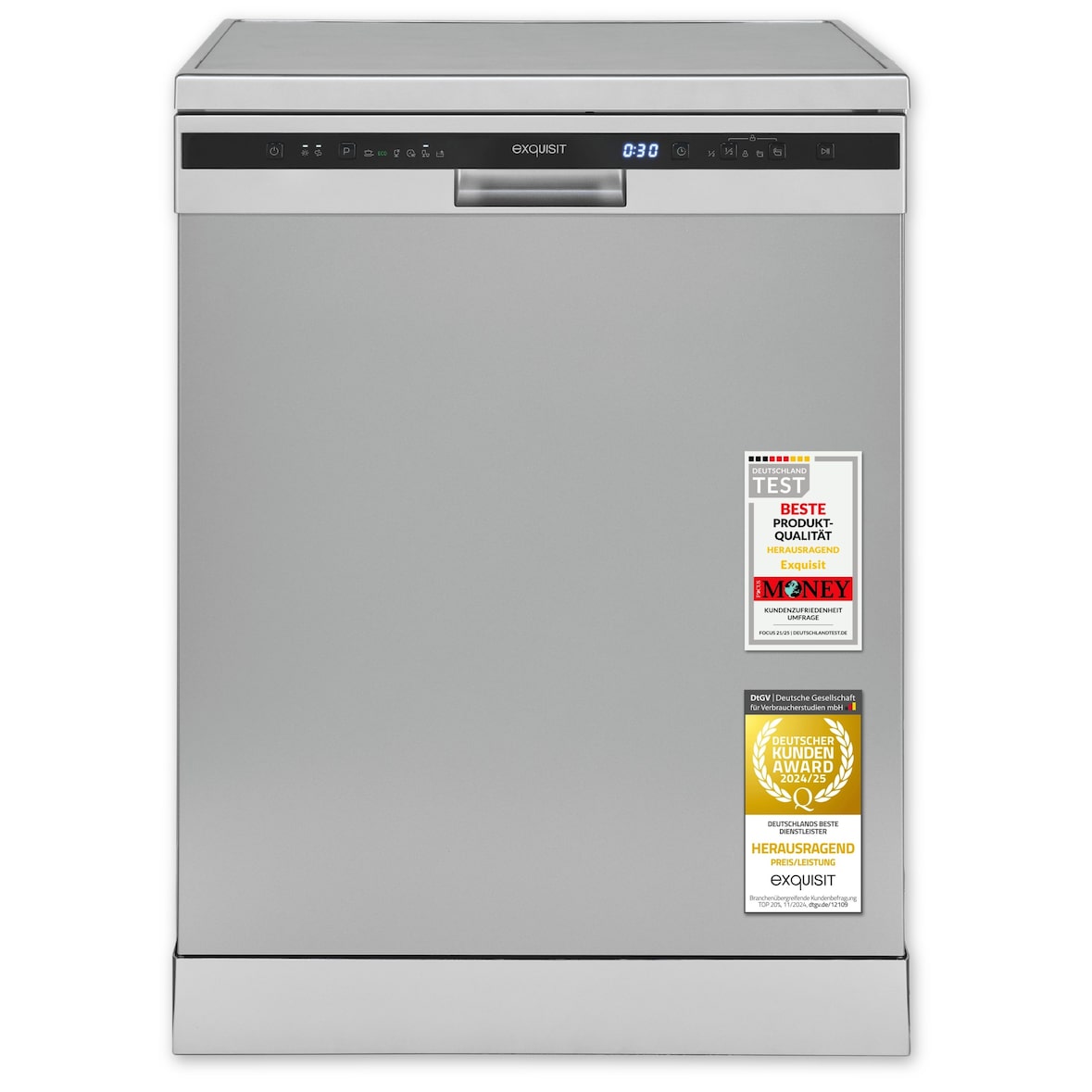 Exquisit Geschirrspüler 60 cm, Unterbaufähig, EEK: C, 12 Maßgedecke, Automatische Türöffnung, Startzeitvorwahl, 11 Liter, GSP6314-030C silber