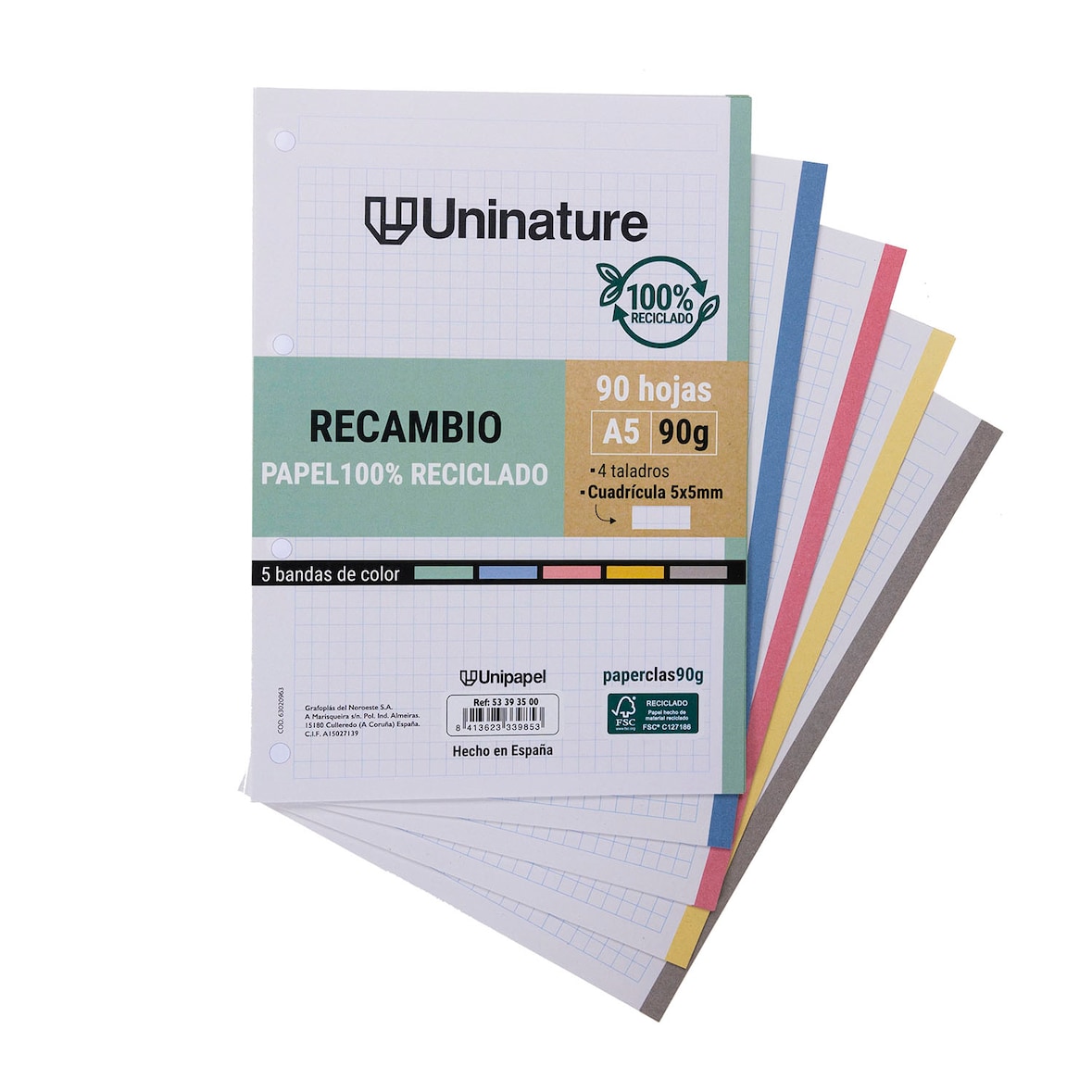 Recargas de papel A5 100 folhas 90g 5x5mm UniNature