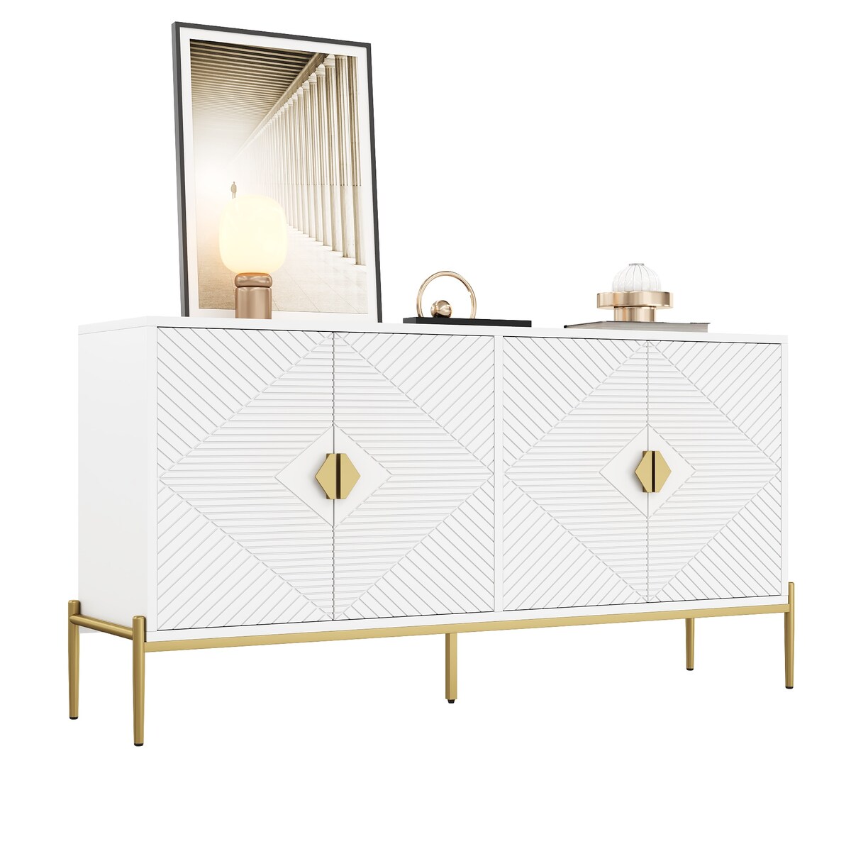 OKWISH Sideboard 162x40x80 cm Modern Weiß mit 4 Türen Stauraum Goldgriffe Metallbeine Wohnzimmer Esszimmer Flur TV-Möbel Design Luxuriös