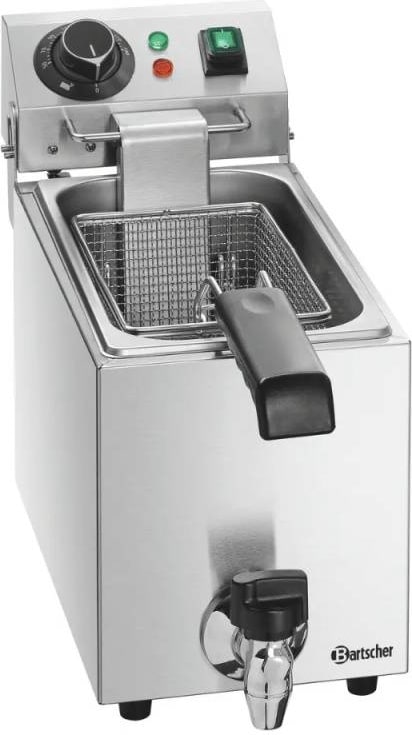 Uma fritadeira profissional com cesto e torneira.