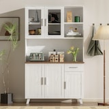 thumbnail of Hochschrank mit rustikalem Design und weißer Holzmaserung 114x40x190, 5 Türen,1 Schublade und 2 offene Fächer für Stauraum in Wohnzimmer und Esszimmer