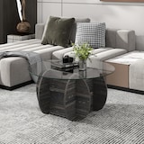 thumbnail of COSTWAY Ronde salontafel, diameter 89 cm, banktafel met blad van gehard glas en onderstel van massief hout, zwart